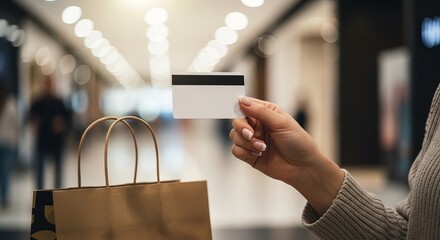 Woman holding credit card with shopping bag in mall.