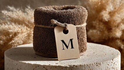 Rolled towel with 'M' tag atop textured stand