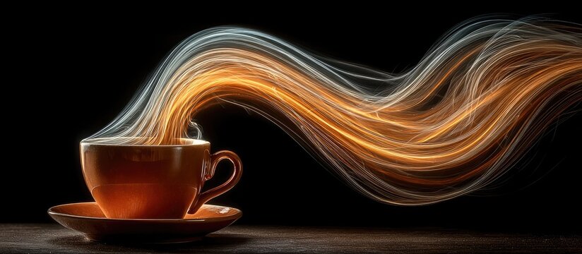 Steaming cup on saucer with abstract flow on black