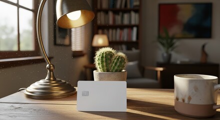 Minimalist Workspace with Credit Card and Warm Lighting.