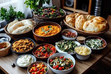 A colorful spread of assorted dishes, fresh salads, and fluffy bread showcasing a creative culinary feast that inspires sharing and togetherness among loved ones.