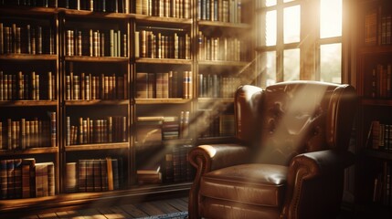 Dewey Decimal System Day:  cozy library reading nook, vintage wooden bookshelf with clearly visible Dewey Decimal number labels, leather armchair, stack of books with spine numbers showing