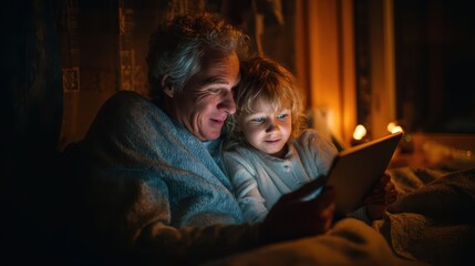 A woman and child are looking at a tablet