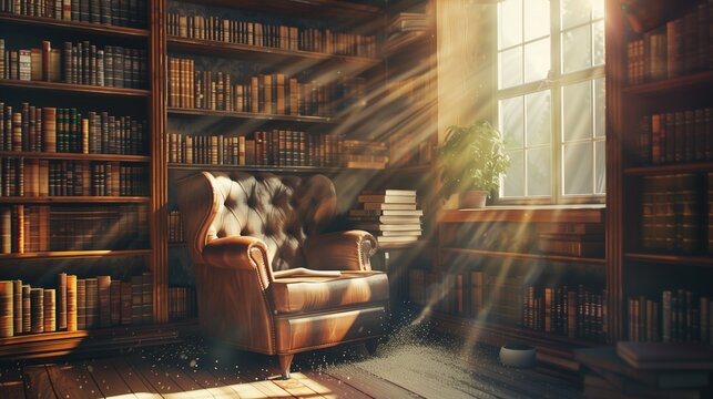 Dewey Decimal System Day:  cozy library reading nook, vintage wooden bookshelf with clearly visible Dewey Decimal number labels, leather armchair, stack of books with spine numbers showing