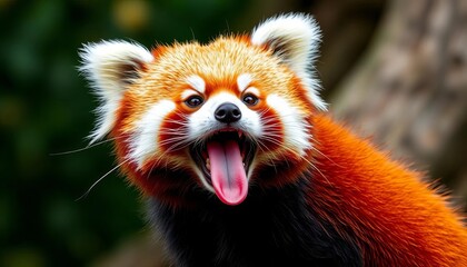 Obraz premium Playful red panda with tongue out and funny expression, showing reddish-brown fur and a long shaggy tail, wild, adorable