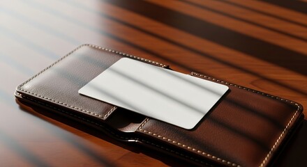 Close-up of a wallet with a card on a wooden table.