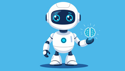 Obraz premium Cute White Robot Holding a Glowing Brain Icon, Symbolizing Artificial Intelligence and Innovation