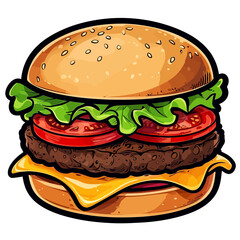 A detailed vector illustration of a classic cheeseburger with a juicy single beef patty and fresh toppings
