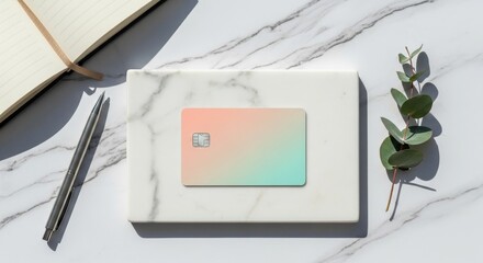 Elegant Credit Card Mockup on Marble with Stationery and Eucalyptus.