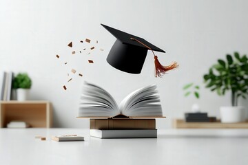 An elegant graduation hat hovers above an open book, symbolizing achievement and knowledge, and reflecting the aspirations of students embarking on their future.