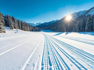 Ski tracks etched into pristine snow, hinting at a thrilling descent, recreation, pristine