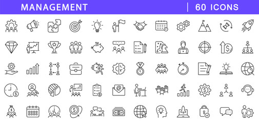 Management icon set. Organisation business icons in line style. Editable web icons for business, marketing, planning, support, vision, project, work etc. Vector illustration.