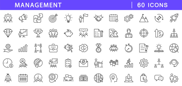 Management icon set. Organisation business icons in line style. Editable web icons for business, marketing, planning, support, vision, project, work etc. Vector illustration.