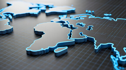 Global map illustration with glowing blue outline on a dark textured surface symbolizing connectivity and the world