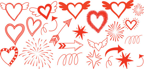 Red hand-drawn doodle set for valentines hearts in various shapes, winged love symbols, arrows, starbursts, candy-stripe pattern, whimsical swirls