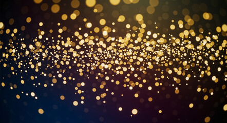 Abstract golden bokeh lights on a dark background. Festive glitter particles for a Christmas and New Year celebration. Holiday party wallpaper