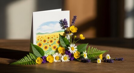 Floral Greeting Card with Sunflowers and Lavender on Wooden Surface.