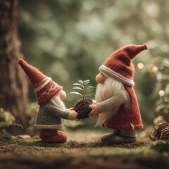 Two gnomes are holding a plant in their hands
