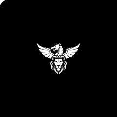 Winged lion dragon emblem in white on black background