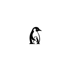 Penguin family illustration black and white minimalist design on white