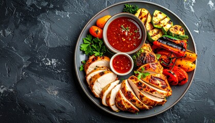 Sliced grilled chicken breast with roasted vegetables and red dipping sauce