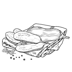 Eggplant, whole and sliced, sketch. Vector illustration. Vegetables on a kitchen towel are isolated on a white background. For recipes, farmers' market, country fair and shop, menus and cookbooks