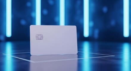 Sleek White Credit Card on Futuristic Platform with Neon Lights.