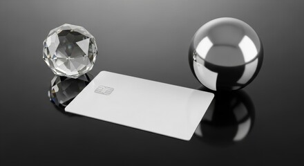Elegant Credit Card Mockup with Spheres on Reflective Surface.