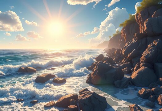 Sun-drenched anime-style coastline; vibrant, shimmering ocean waves crash on rocky shore, summer, glitter - Powered by Adobe