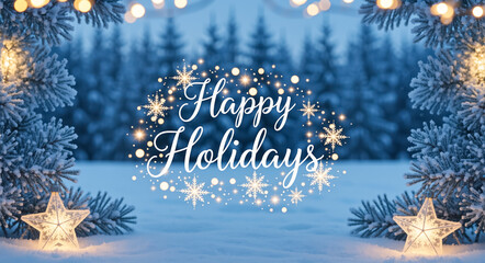 Happy Holidays greeting on a festive winter background. Snowy forest scene with glowing star ornaments and fir branches. Christmas and New Year celebration card