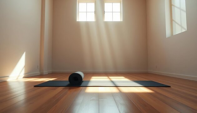 Sunlight streams into a minimalist yoga studio, illuminating a neatly rolled mat on a polished wooden floor, evoking peace and wellness,  meditation,  holistic