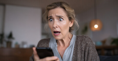 Woman displaying shock while looking at smartphone in a cozy indoor setting during the evening