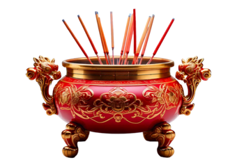 Close-up of incense burning at chinese new year altar isolated on transparent or white background