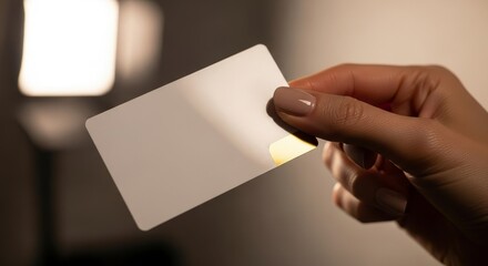 Hand holding a blank white card in soft lighting.
