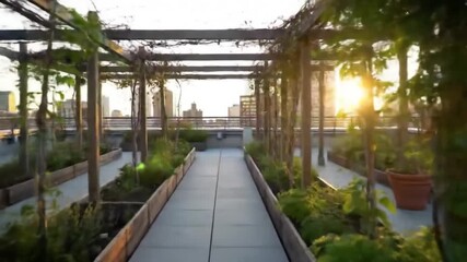 Urban Oasis - A Rooftop Garden at Sunset.