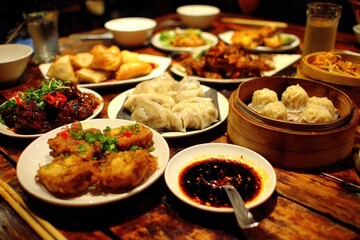 A richly lit wooden table laden with many diverse plates of various Asian-style foods