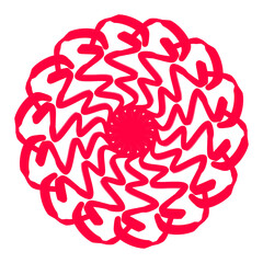 Geometric abstract mandala radial pattern design. Bright red complex round shape. Modern digital art illustration for background wallpaper Decor graphic element and creative projects.