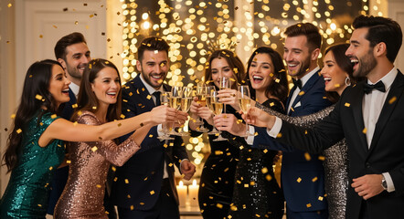 Happy friends toasting with champagne at a New Year's Eve party. A group of people celebrating with confetti and sparkling wine during a holiday event