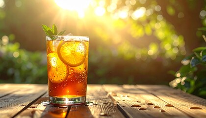 Glass of iced tea with lemon slices on a sunny outdoor table