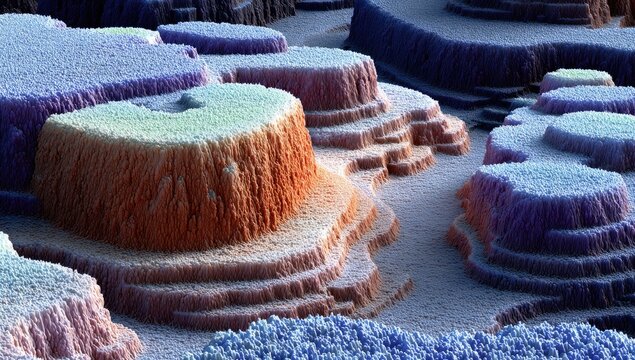Multicolored voxel landscape with layered, stepped formations
