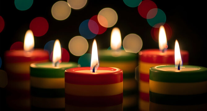 Festive holiday candles glowing with colorful bokeh lights in the background