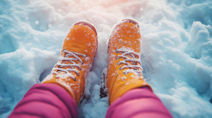 Orange snow boots resting in snow during winter sunlight