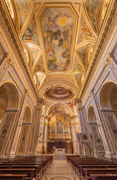 CAVA DE TIRRENI, ITALY - OCTOBER 7, 2025: The nave of the church Abbazia Santissima Trinita with the frescoes by Vincenzo Morani (cca 1860).