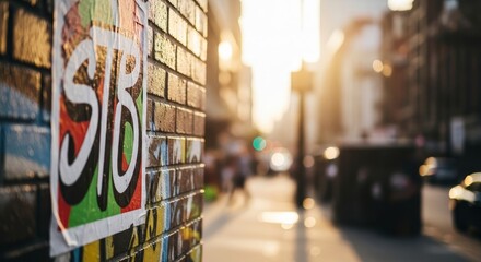 Urban Art on Brick Wall - Cityscape in Soft Focus.