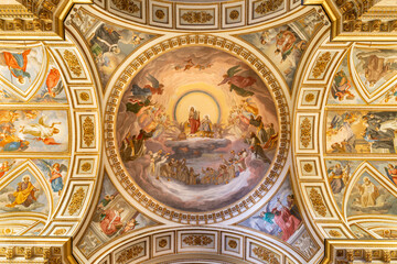 CAVA DE TIRRENI, ITALY - OCTOBER 7, 2025: The fresco of Vision of Apokalypse from St. John - Christ Opens the Book with  in Seven Seals - Abbazia Santissima Trinita by Vincenzo Morani (cca 1860).