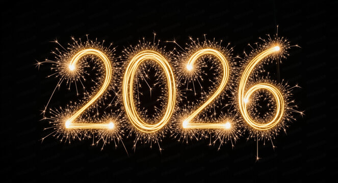 Festive 2026 numbers created with burning sparklers on a black background. Happy New Year holiday celebration concept with fireworks - Powered by Adobe