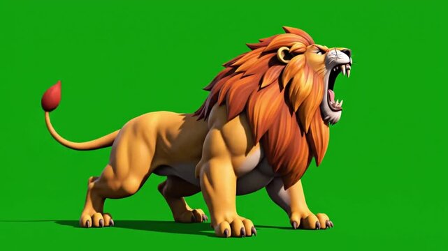 powerful cartoon lion roaring green screen