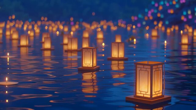 Softly glowing lanterns drift on water