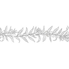 Sesame Branch with Flowers, Seeds and Leaves Outline Horizontal Seamless Pattern. Organic natural nutritional healthy food ingredient, vegetarian diet product. Vector isolated for design or decoration