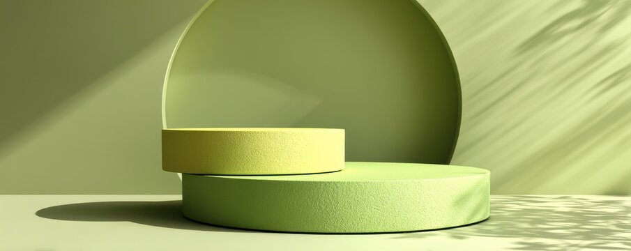 Minimalist abstract composition with textured green and yellow circular platforms